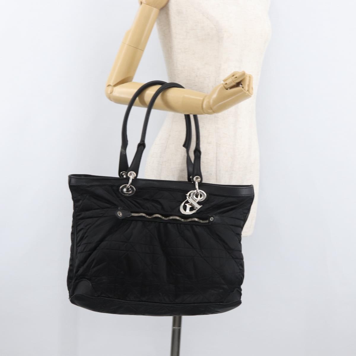 Christian Dior Lady Dior Tote Bag Nylon Black Silver Auth bs35408