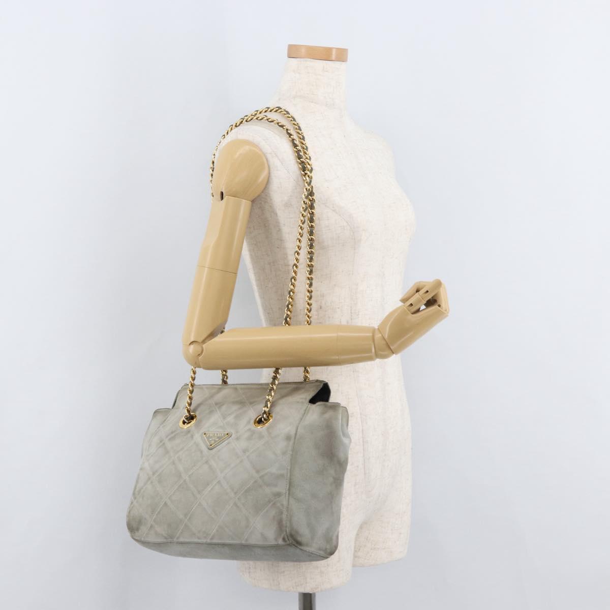 PRADA Chain Shoulder Bag Suede Gray Gold Auth bs35411