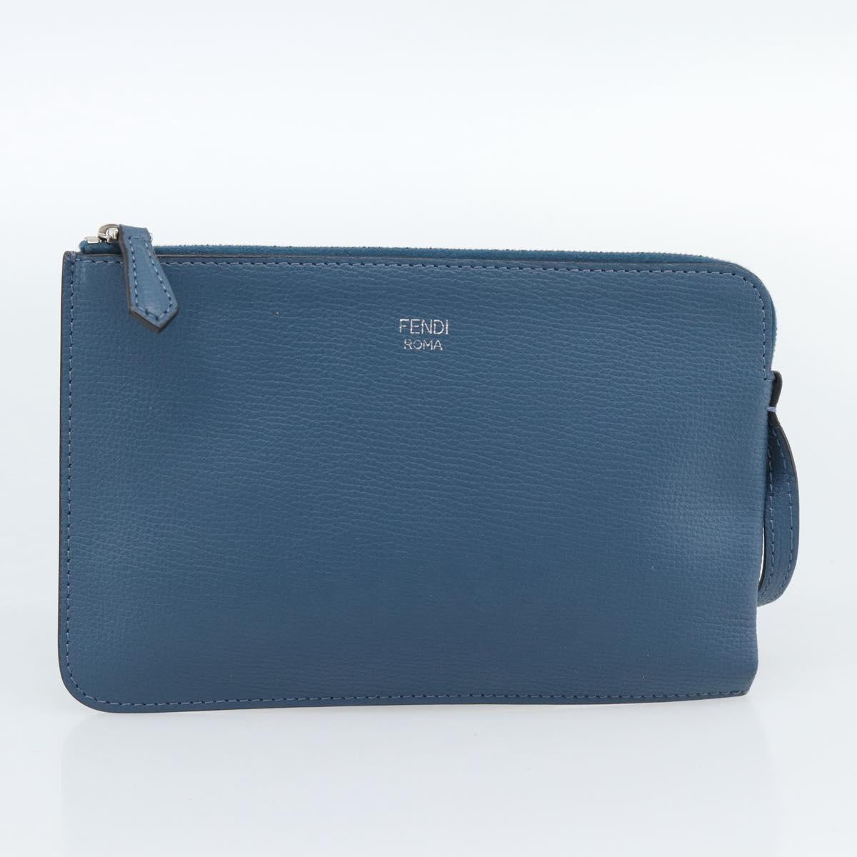 FENDI Tote Bag Leather Blue Silver Auth bs35416