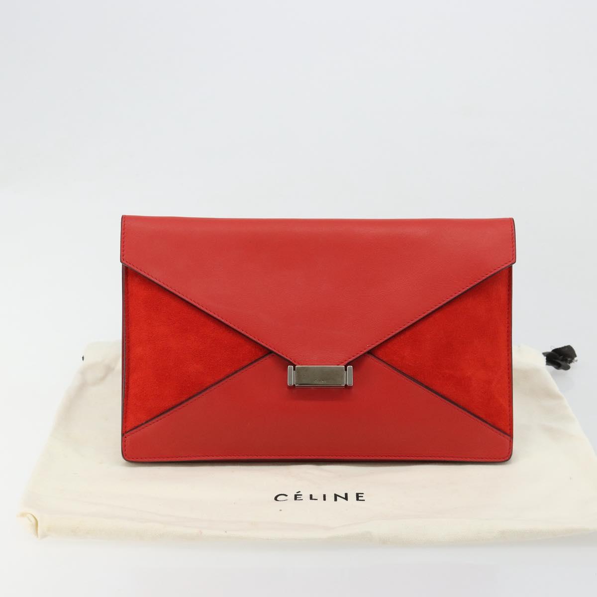 CELINE Clutch Bag Leather Red Silver Auth bs35432A