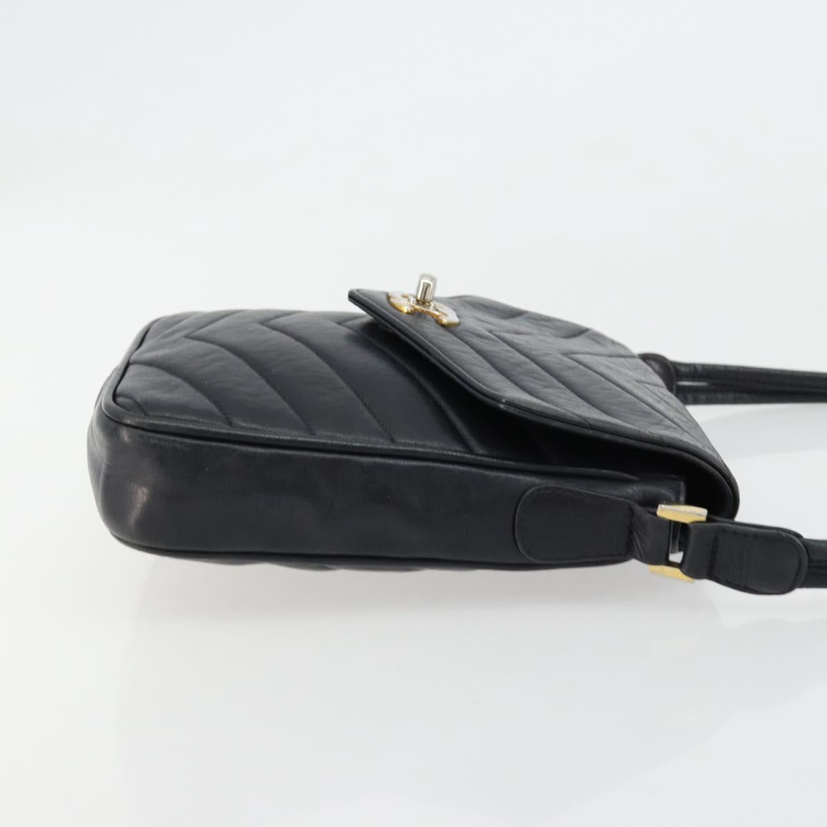 CHANEL V Stitch Shoulder Bag Lamb Skin Navy Gold CC Auth bs35440
