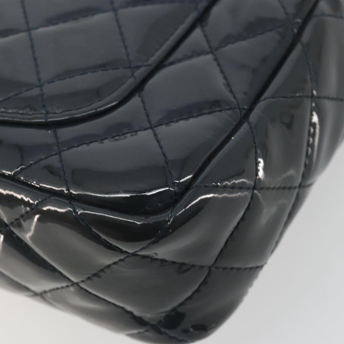 CHANEL Matelasse Chain Shoulder Bag Patent Leather Navy Silver CC Auth bs35473A