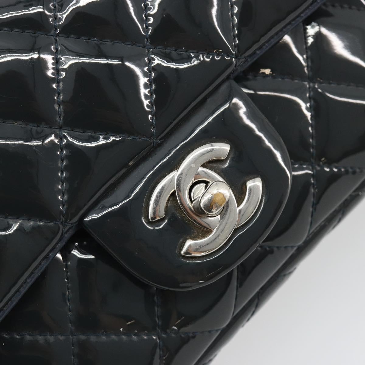 CHANEL Matelasse Chain Shoulder Bag Patent Leather Navy Silver CC Auth bs35473A