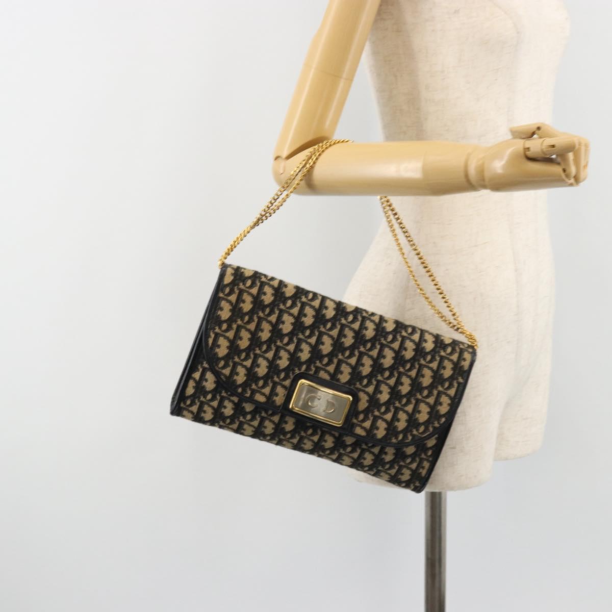 Christian Dior Trotter Canvas Chain Shoulder Bag Navy Gold Auth bs35490