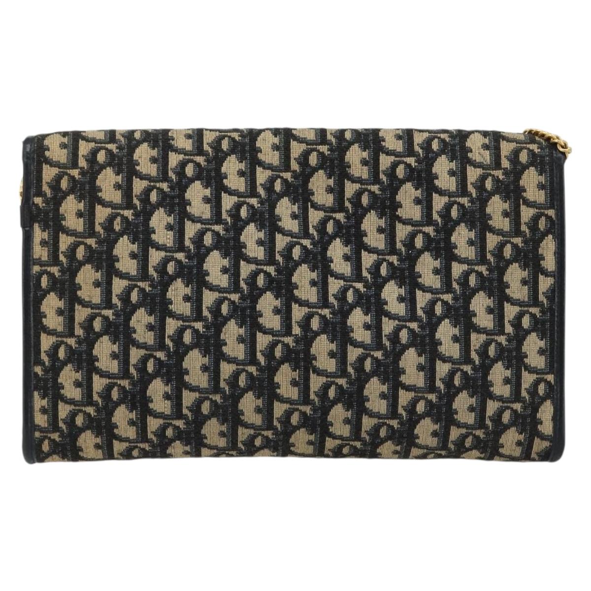 Christian Dior Trotter Canvas Chain Shoulder Bag Navy Gold Auth bs35490
