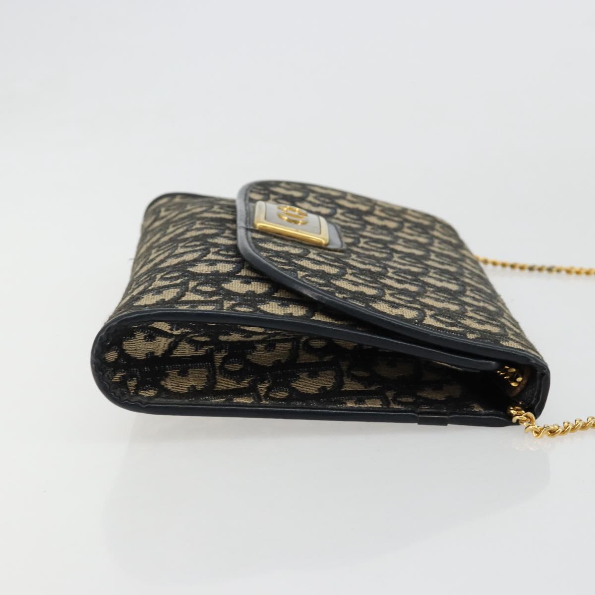 Christian Dior Trotter Canvas Chain Shoulder Bag Navy Gold Auth bs35490