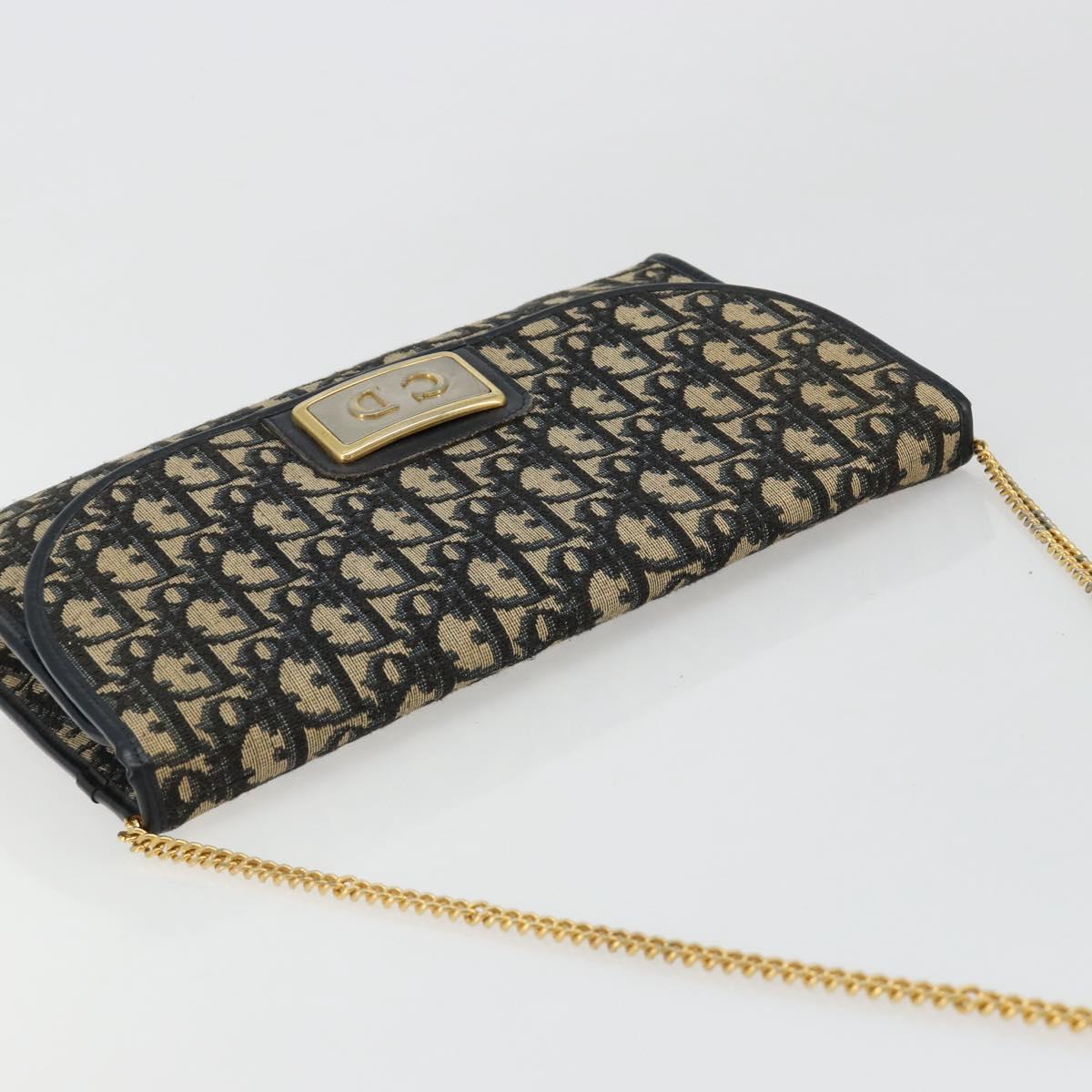 Christian Dior Trotter Canvas Chain Shoulder Bag Navy Gold Auth bs35490