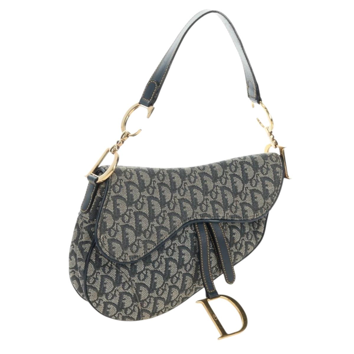 Christian Dior Trotter Canvas Saddle Shoulder Bag Navy Gold Auth bs35491V