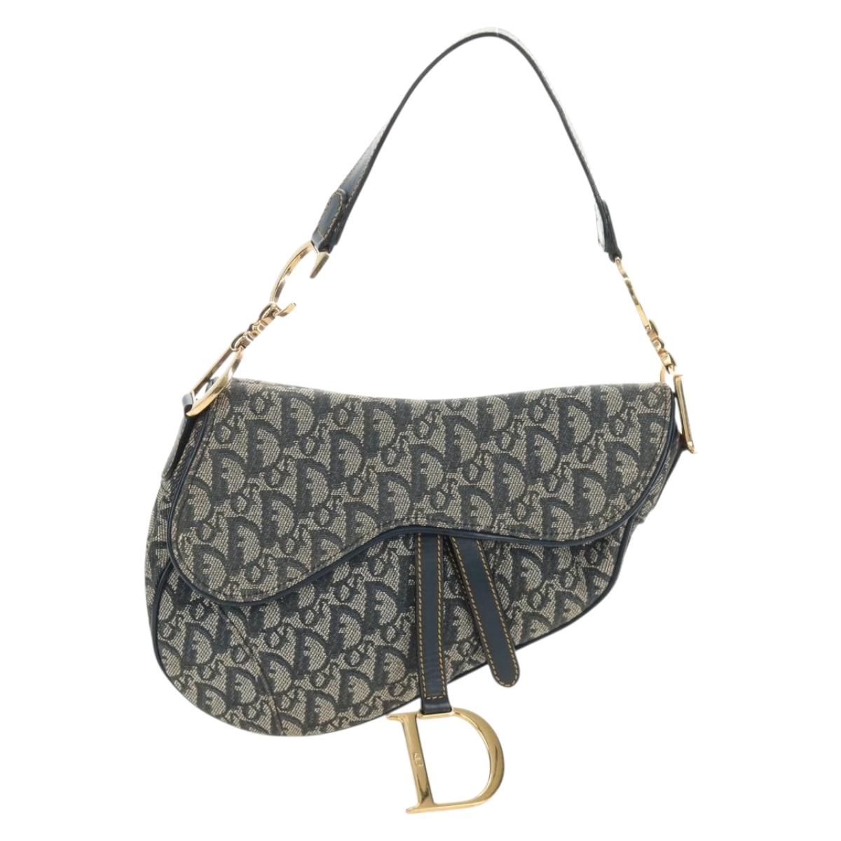 Christian Dior Trotter Canvas Saddle Shoulder Bag Navy Gold Auth bs35491V