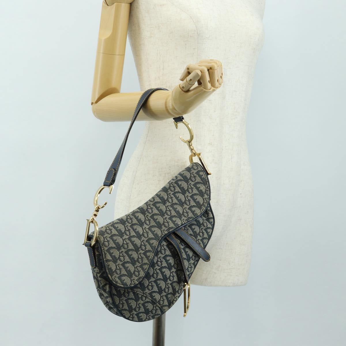 Christian Dior Trotter Canvas Saddle Shoulder Bag Navy Gold Auth bs35491V