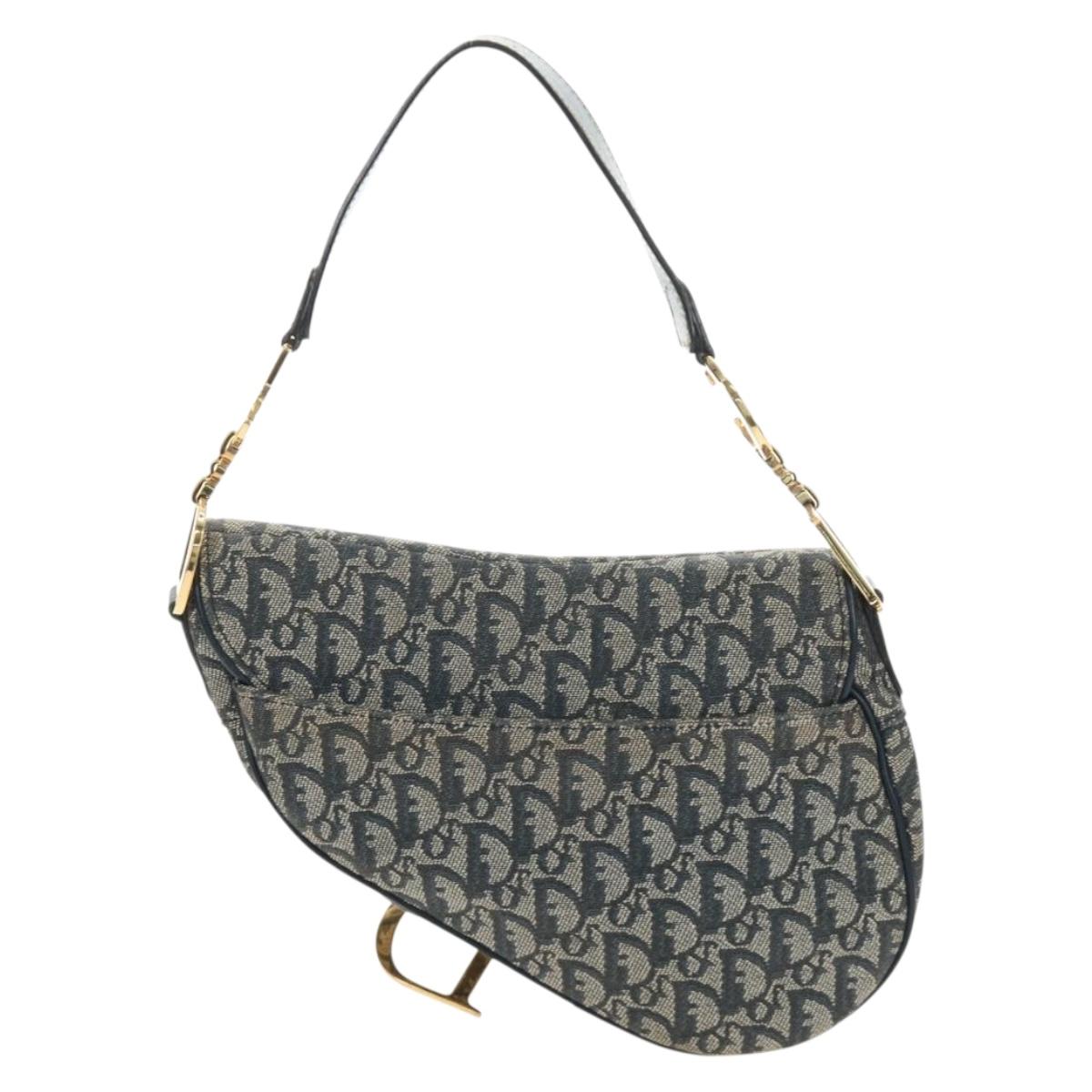 Christian Dior Trotter Canvas Saddle Shoulder Bag Navy Gold Auth bs35491V