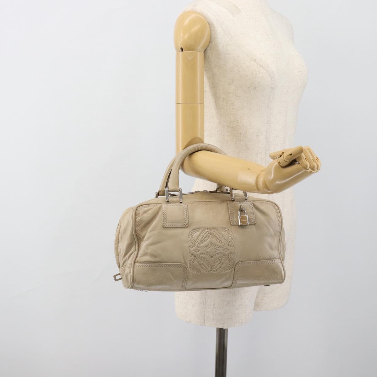 LOEWE Anagram Hand Bag Leather Beige Silver Auth bs35492