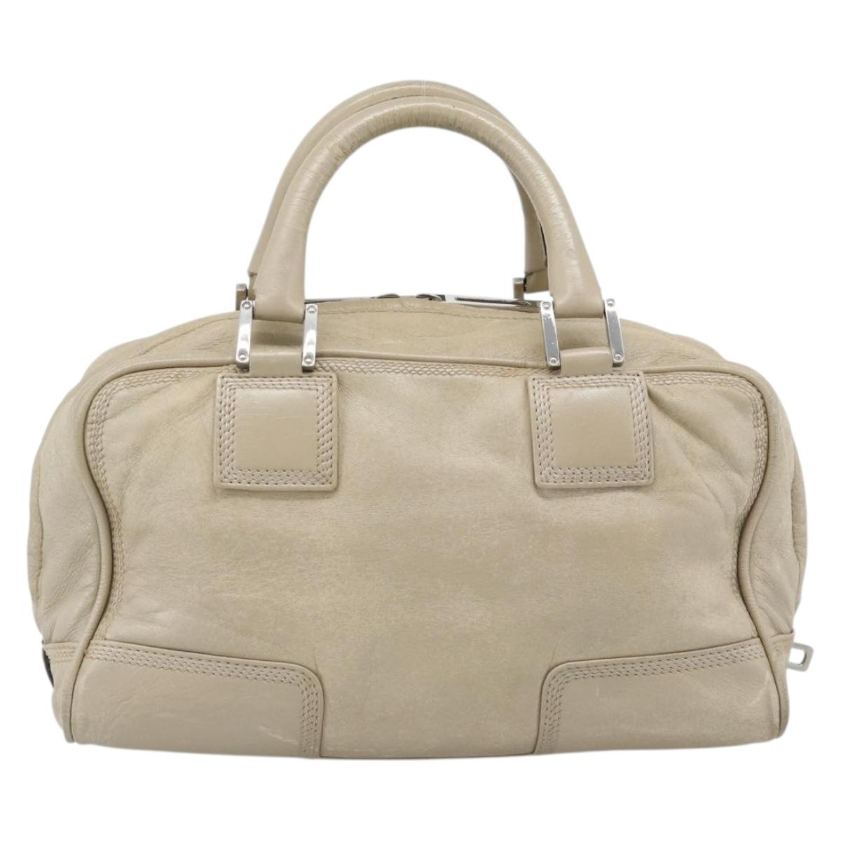 LOEWE Anagram Hand Bag Leather Beige Silver Auth bs35492
