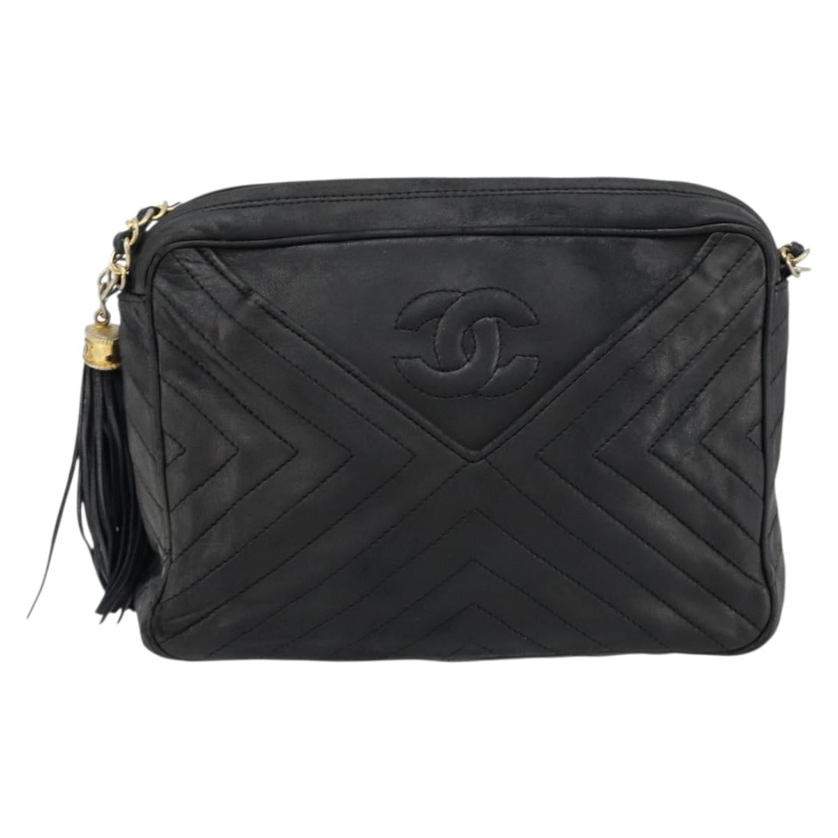 CHANEL Chain Shoulder Bag Lamb Skin Black Gold CC Auth bs35493