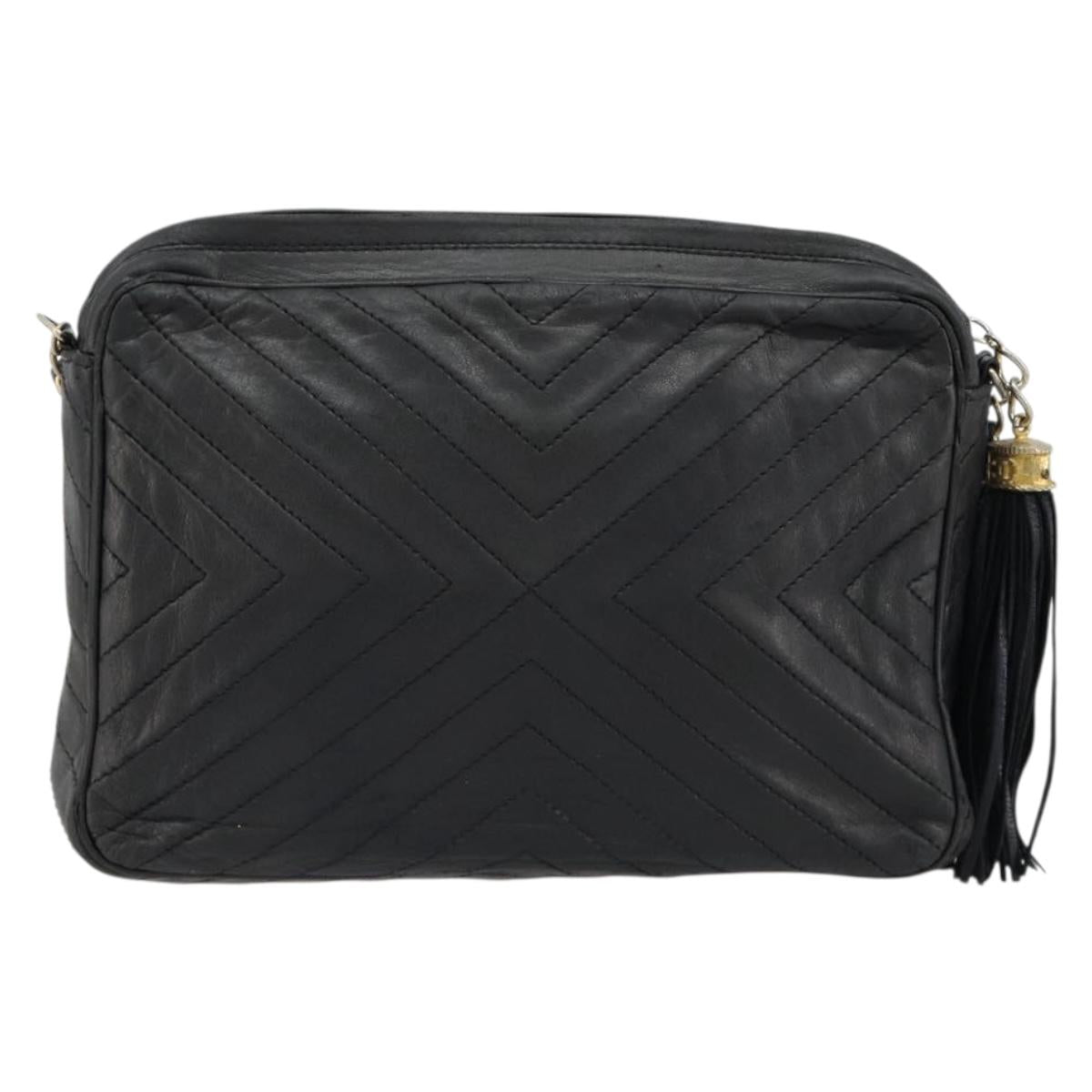 CHANEL Chain Shoulder Bag Lamb Skin Black Gold CC Auth bs35493