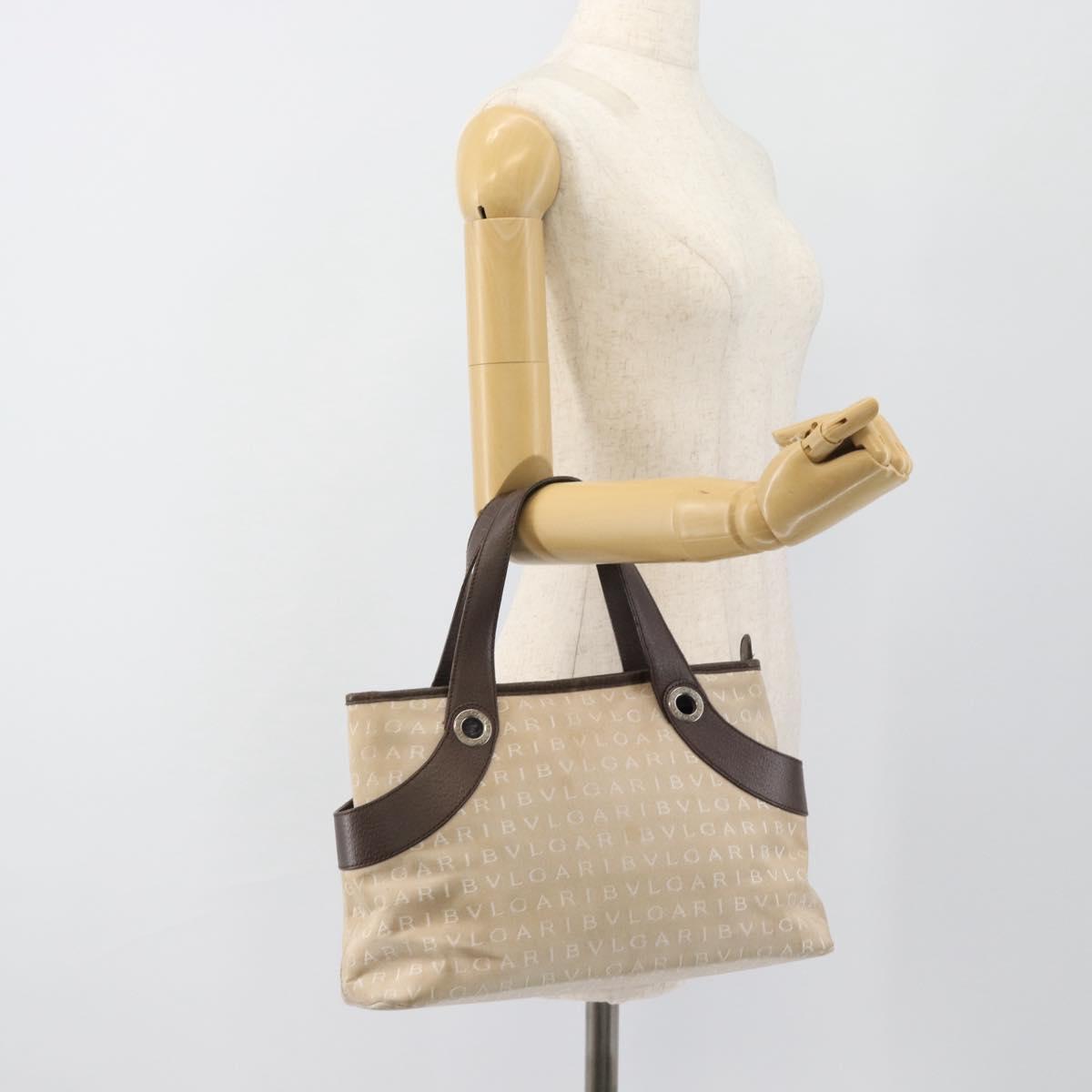 BVLGARI Logo Mania Hand Bag Canvas Beige Silver Auth bs35496