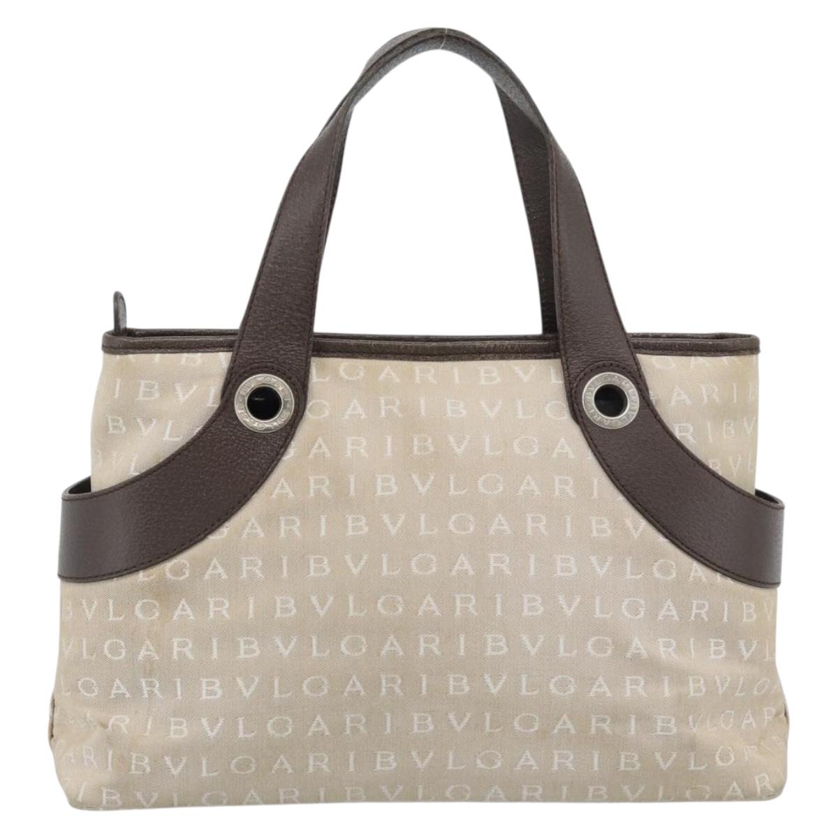 BVLGARI Logo Mania Hand Bag Canvas Beige Silver Auth bs35496