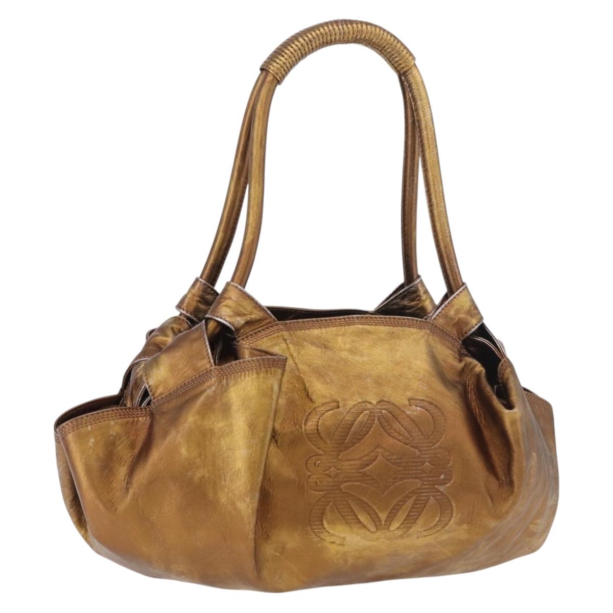 LOEWE Anagram Hand Bag Leather Bronze Gold Auth bs35497