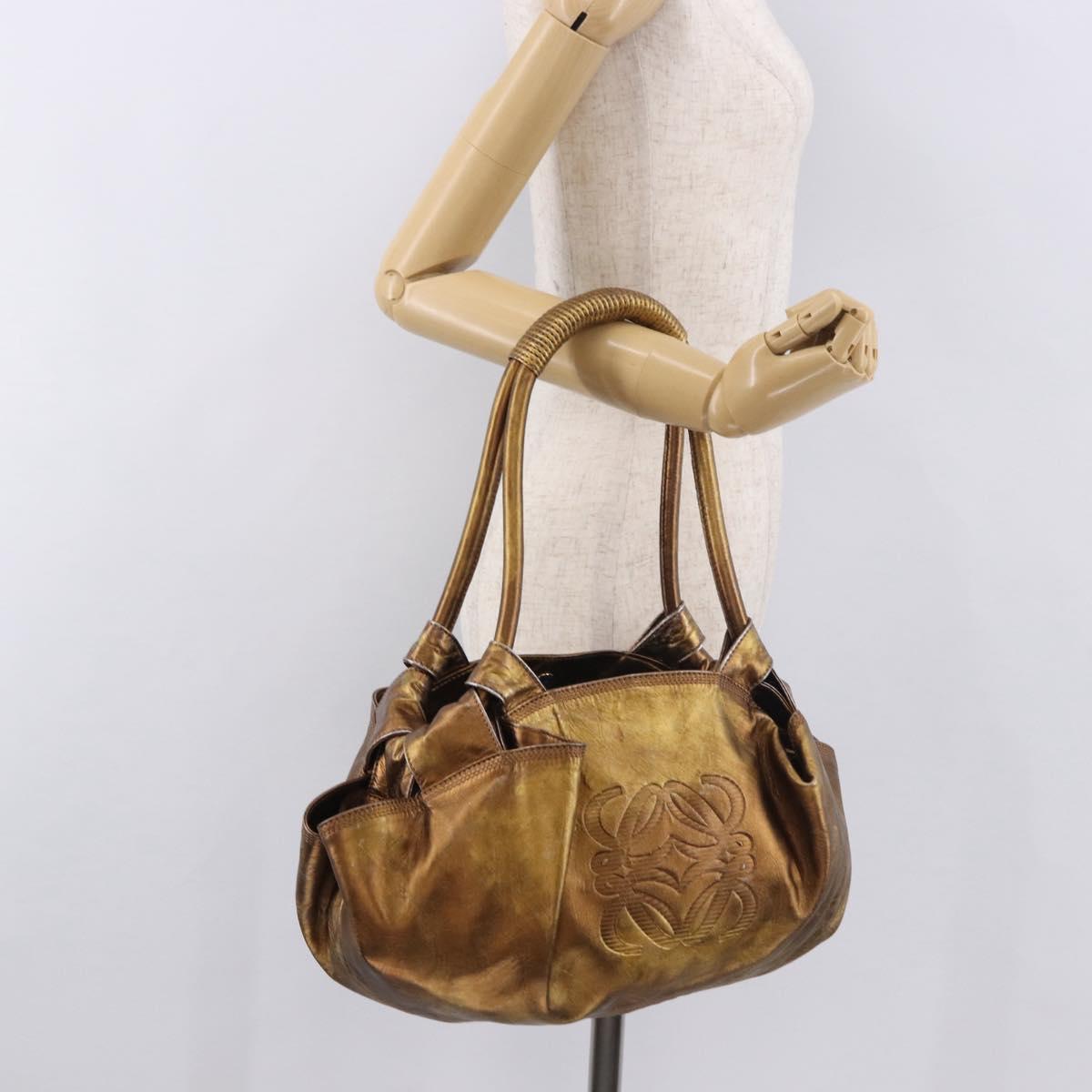LOEWE Anagram Hand Bag Leather Bronze Gold Auth bs35497