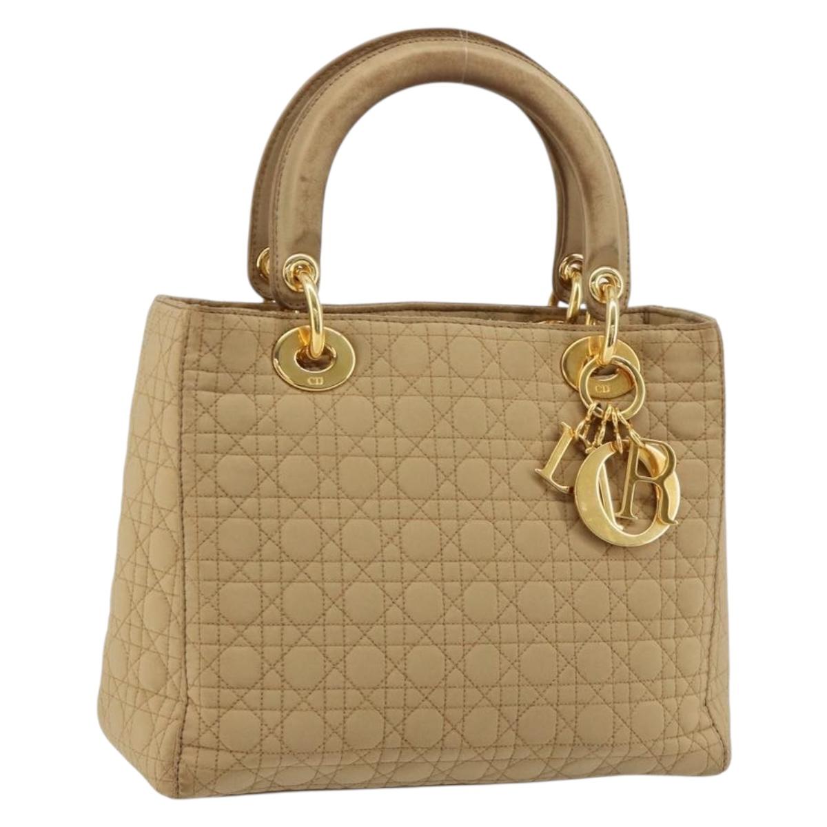 Christian Dior Lady Dior Hand Bag Canvas Beige Gold Auth bs35498