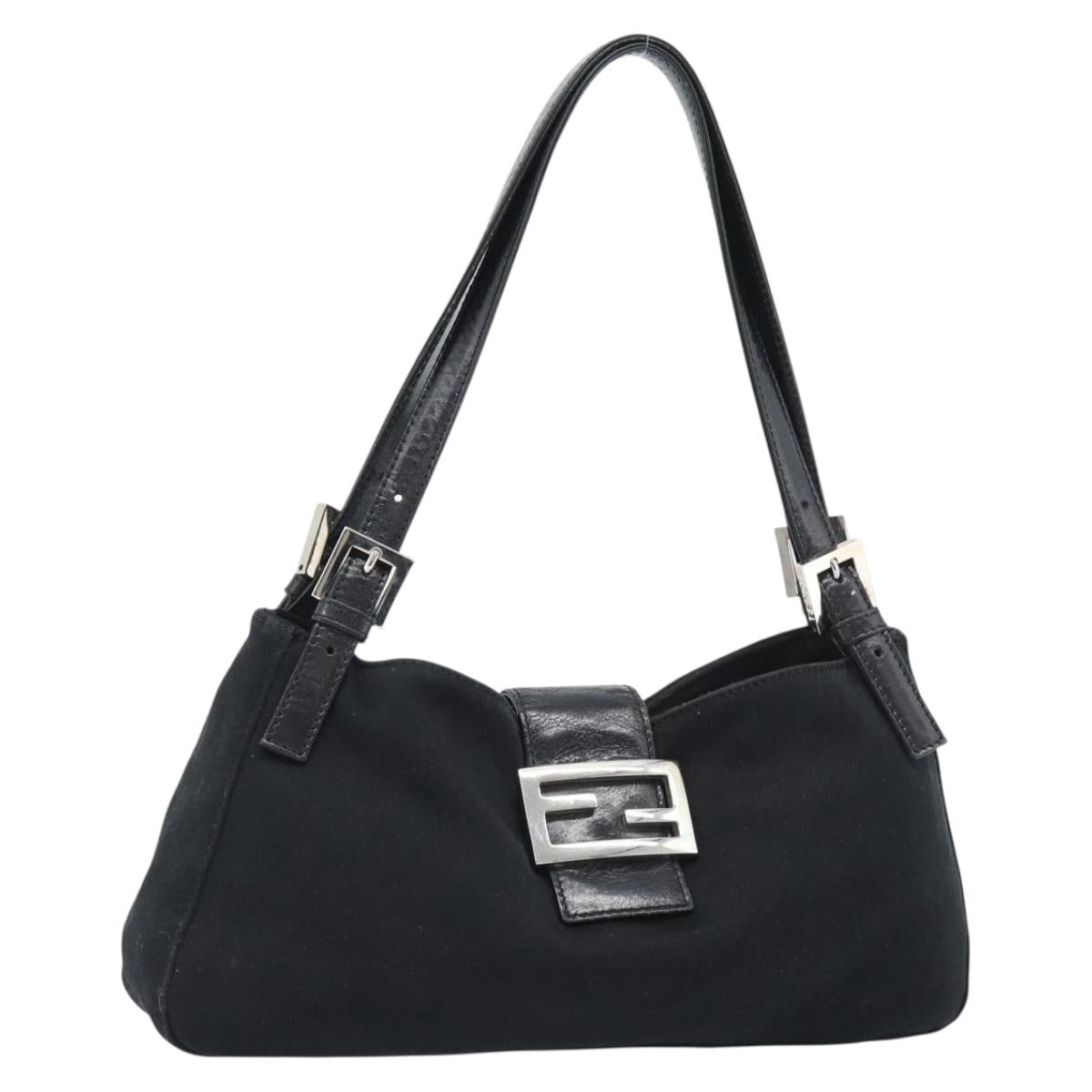 FENDI Mamma Baguette Shoulder Bag Cotton Jersey Black Silver Auth bs35506