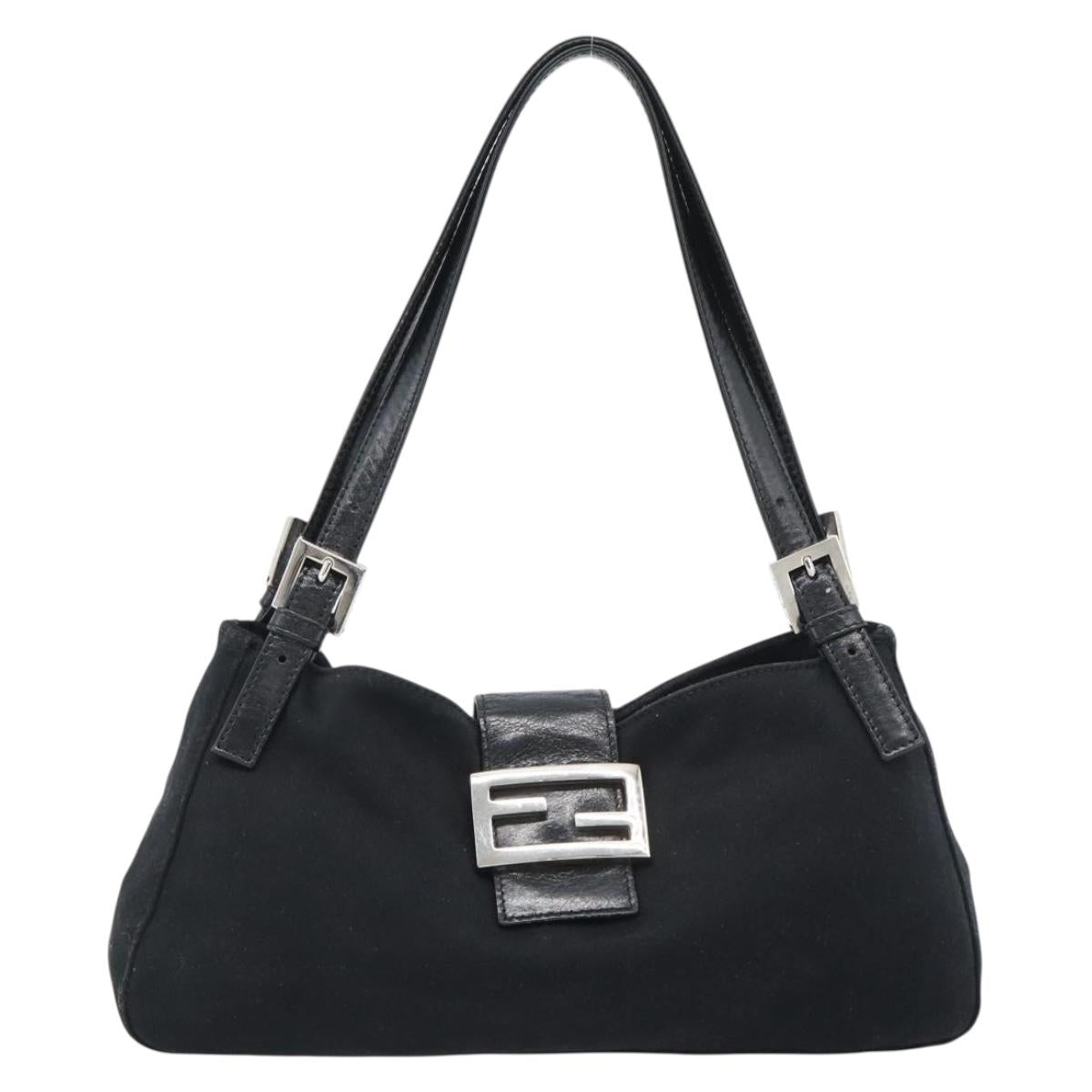 FENDI Mamma Baguette Shoulder Bag Cotton Jersey Black Silver Auth bs35506