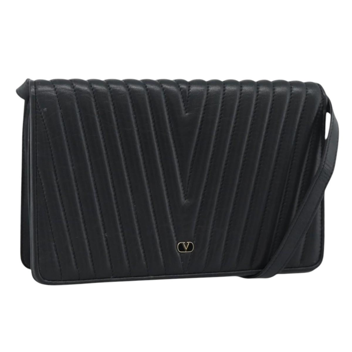 VALENTINO Shoulder Bag Leather Black Gold Auth bs35515