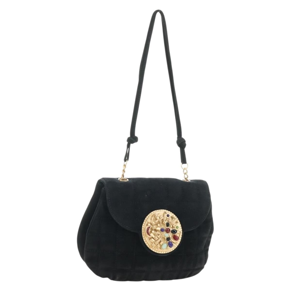 CHANEL Choco Bar Shoulder Bag Suede Black Gold CC Auth bs35523V