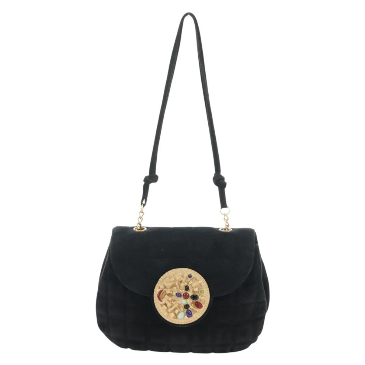 CHANEL Choco Bar Shoulder Bag Suede Black Gold CC Auth bs35523V