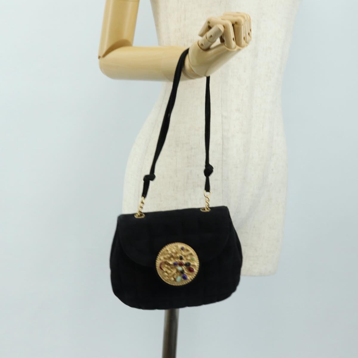 CHANEL Choco Bar Shoulder Bag Suede Black Gold CC Auth bs35523V