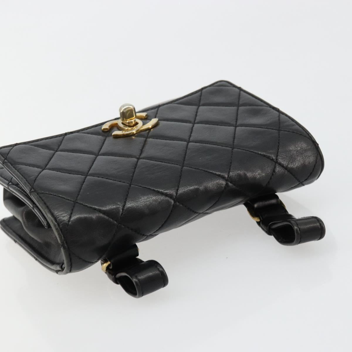 CHANEL Matelasse Waist Bag Lamb Skin Black Gold CC Auth bs35524