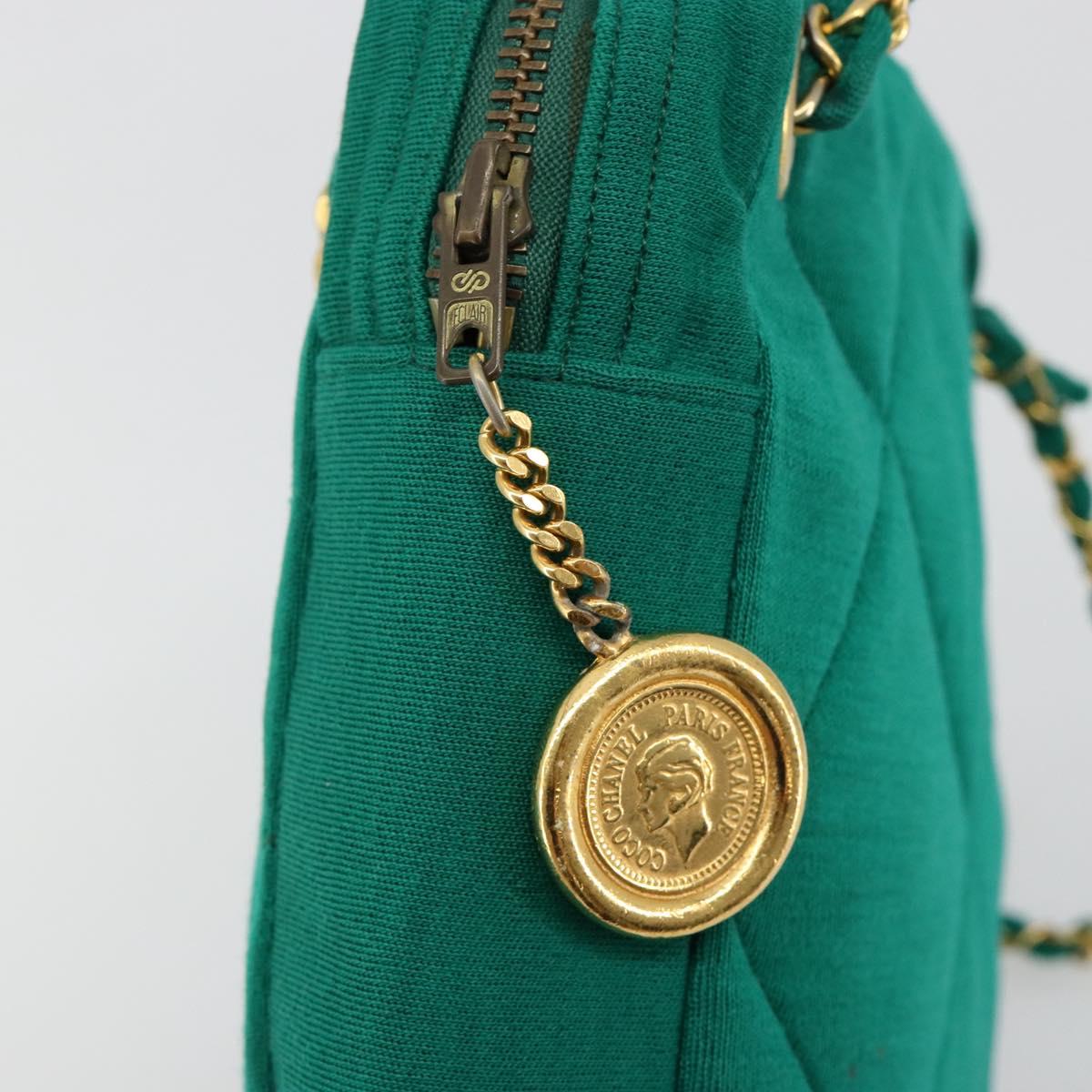 CHANEL Matelasse Chain Shoulder Bag Cotton Green Gold CC Auth bs35532