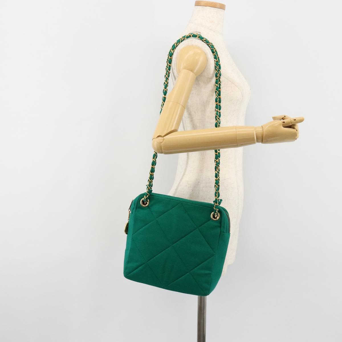 CHANEL Matelasse Chain Shoulder Bag Cotton Green Gold CC Auth bs35532