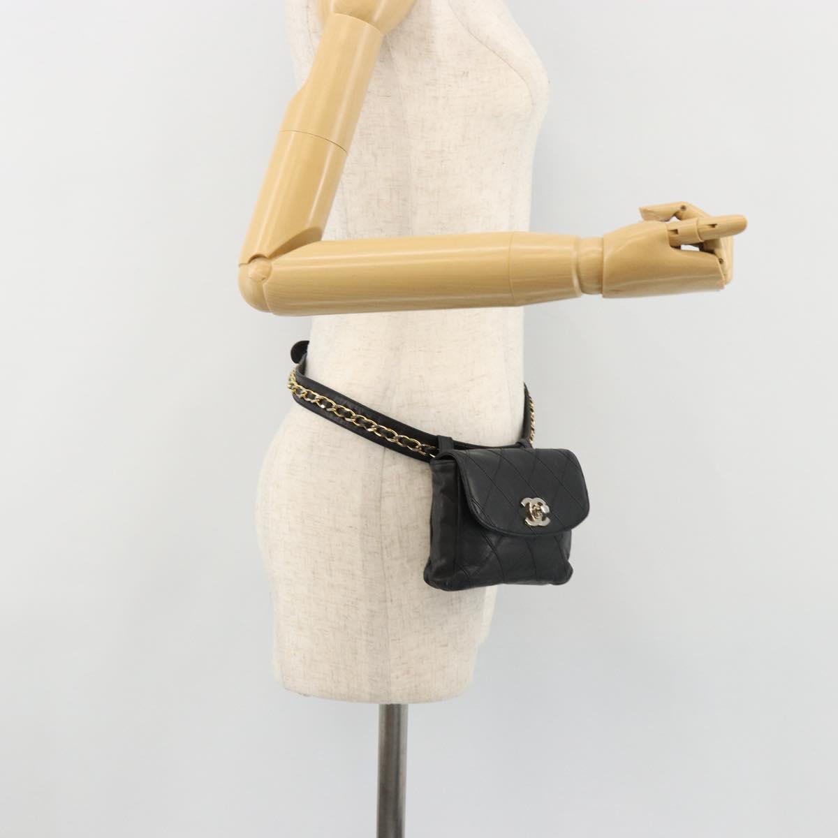 CHANEL Bicolore Waist Bag Lamb Skin Black Gold CC Auth bs35541