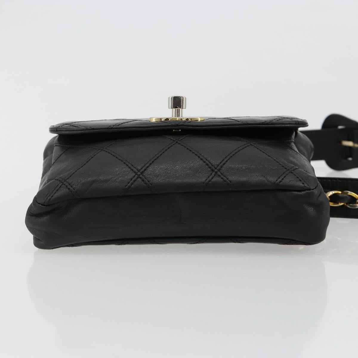 CHANEL Bicolore Waist Bag Lamb Skin Black Gold CC Auth bs35541
