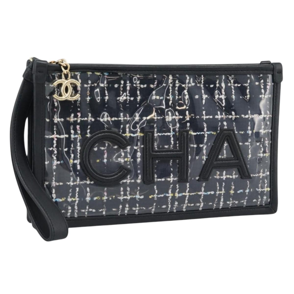 CHANEL Clutch Bag Vinyl Black Gold CC Auth bs35542V