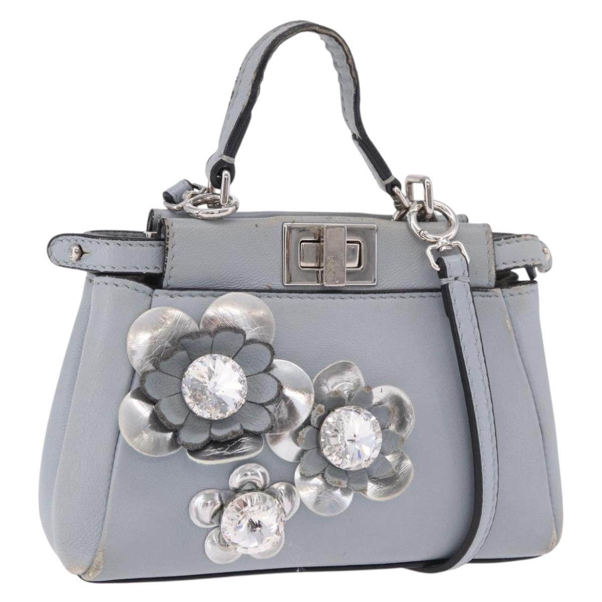 FENDI Shoulder Bag Leather 2way Light Blue Silver Auth bs35546