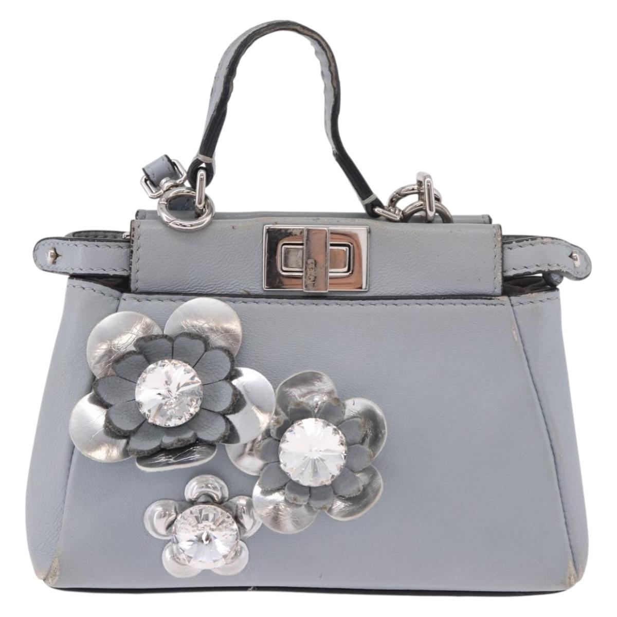 FENDI Shoulder Bag Leather 2way Light Blue Silver Auth bs35546