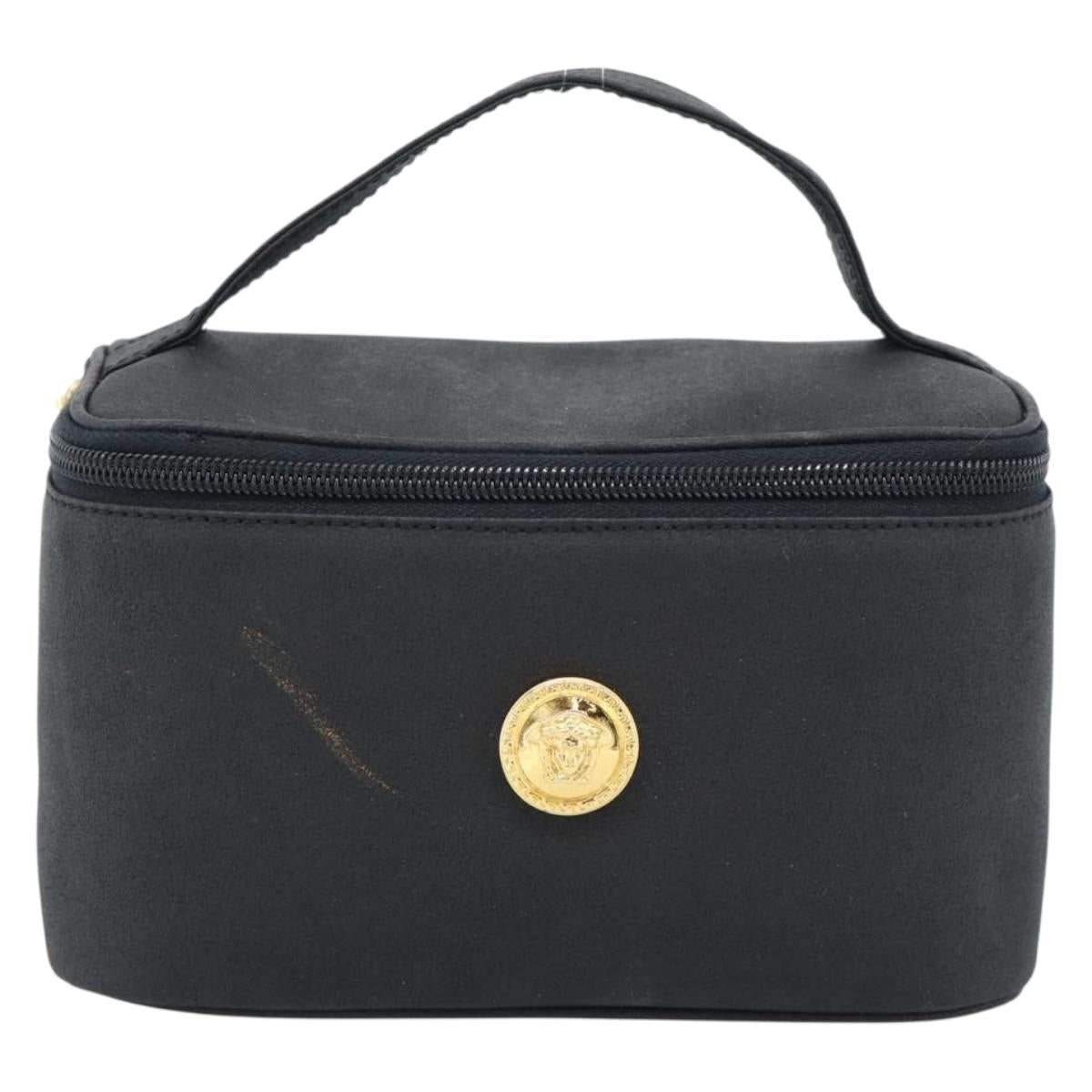 Gianni Versace Vanity Hand Bag Leather Black Gold Auth bs35548