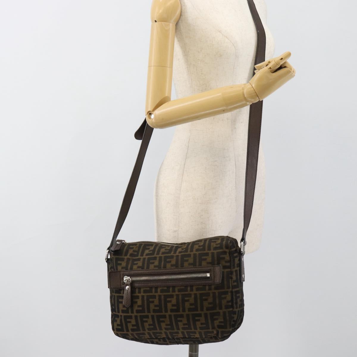 FENDI Zucca Canvas Shoulder Bag Black Brown Auth bs35552