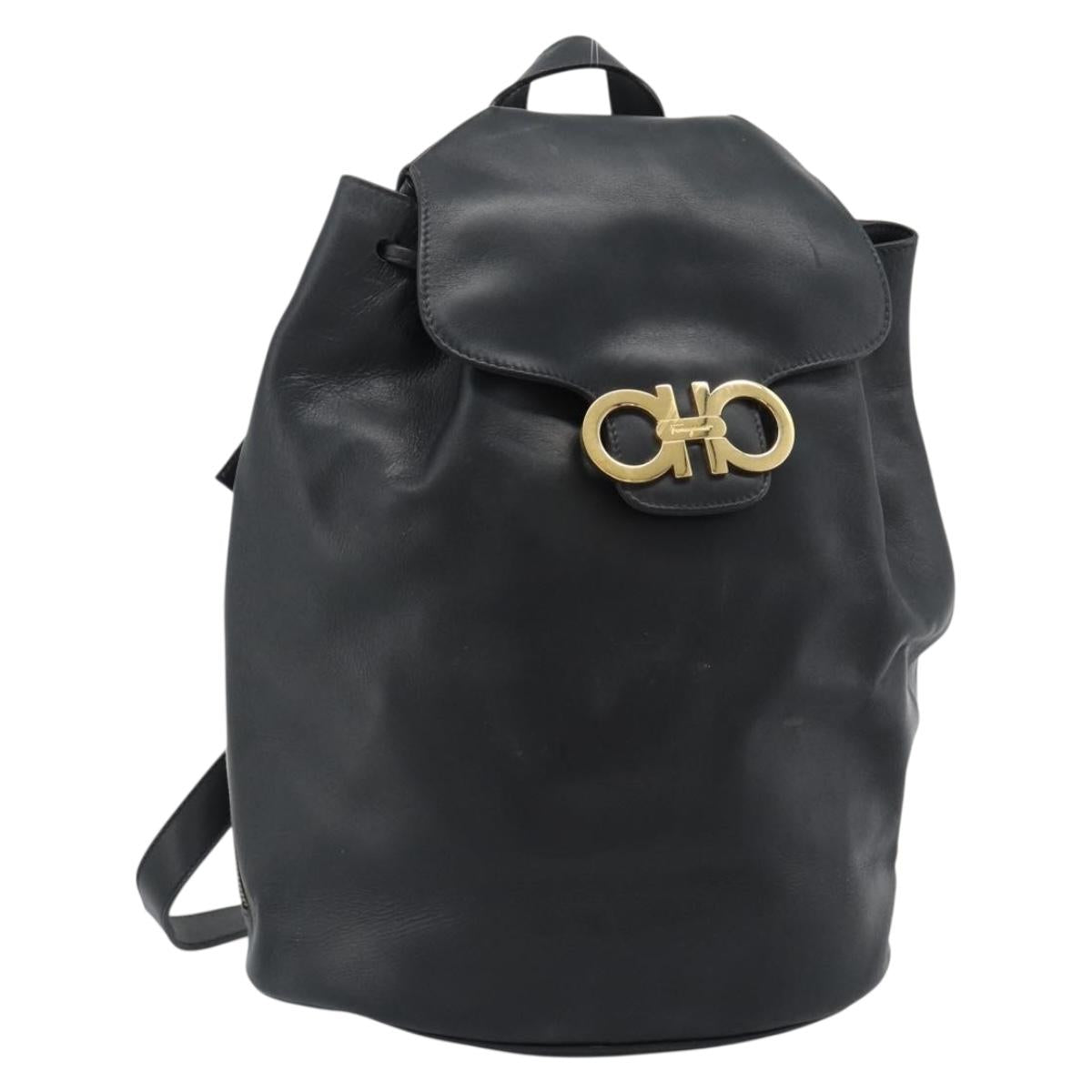 Salvatore Ferragamo Backpack Leather Black Gold Auth bs35571