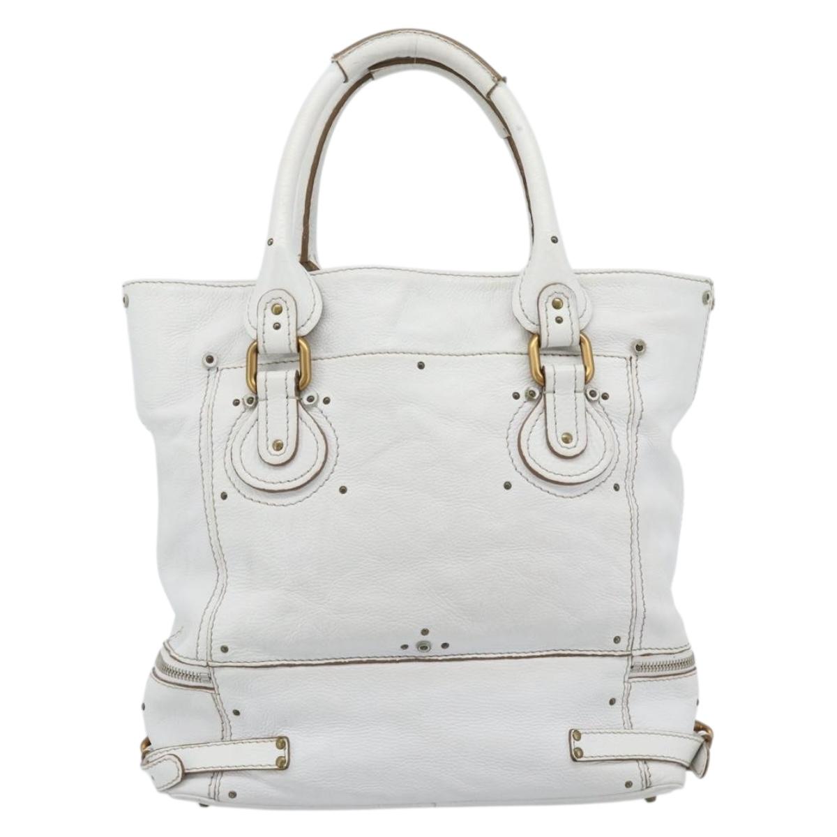 Chloe Paddington Tote Bag Leather White Gold Silver Auth bs35586A