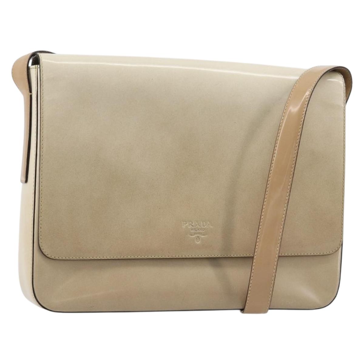 PRADA Shoulder Bag Patent leather Beige Silver Auth bs35591