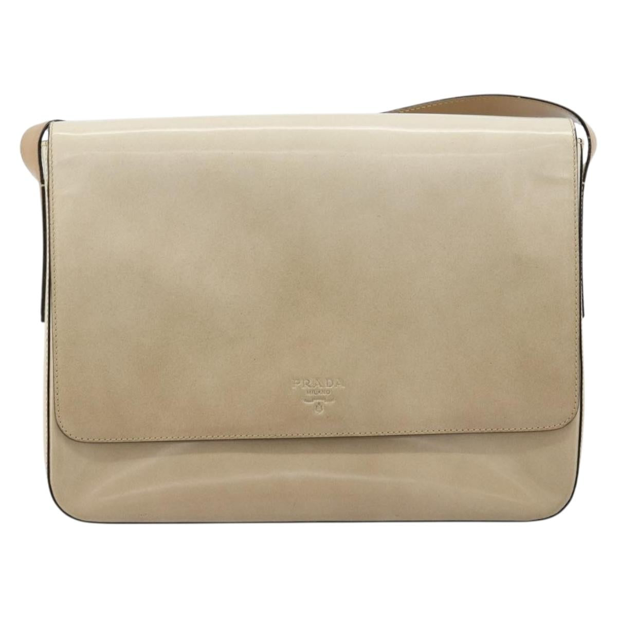 PRADA Shoulder Bag Patent leather Beige Silver Auth bs35591