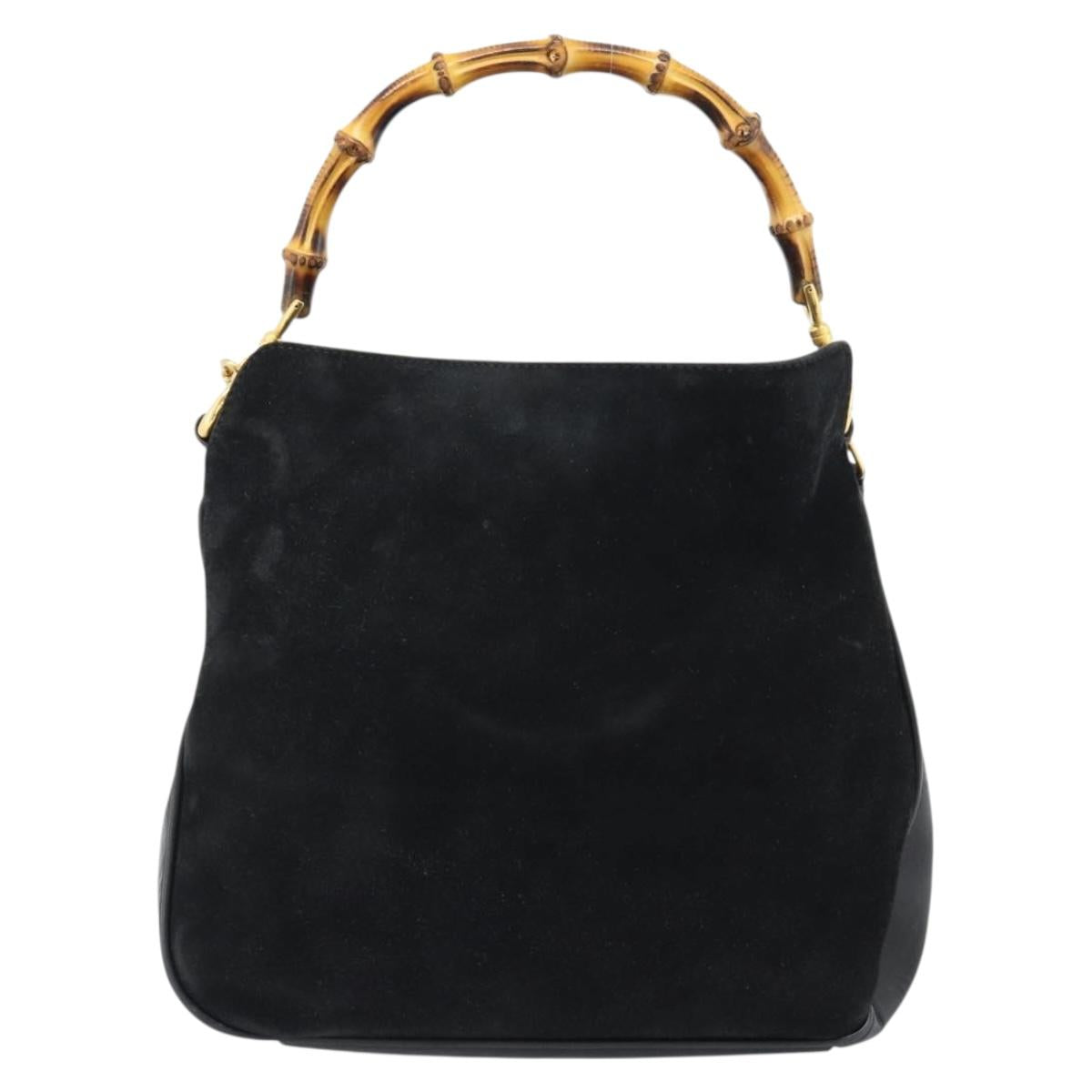 GUCCI Bamboo Shoulder Bag Suede 2way Black Gold 001 1014 1638 0 Auth bs35599