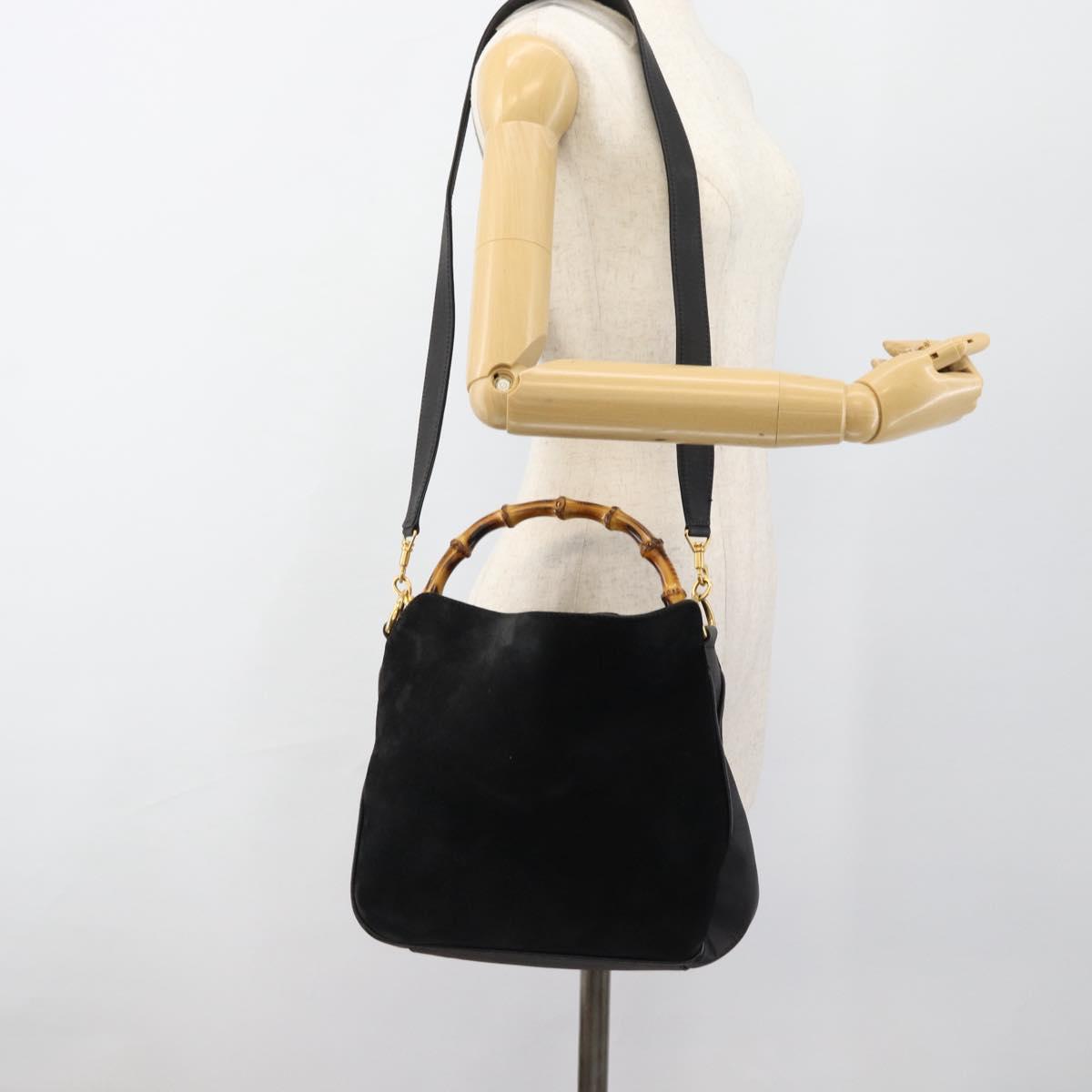 GUCCI Bamboo Shoulder Bag Suede 2way Black Gold 001 1014 1638 0 Auth bs35599