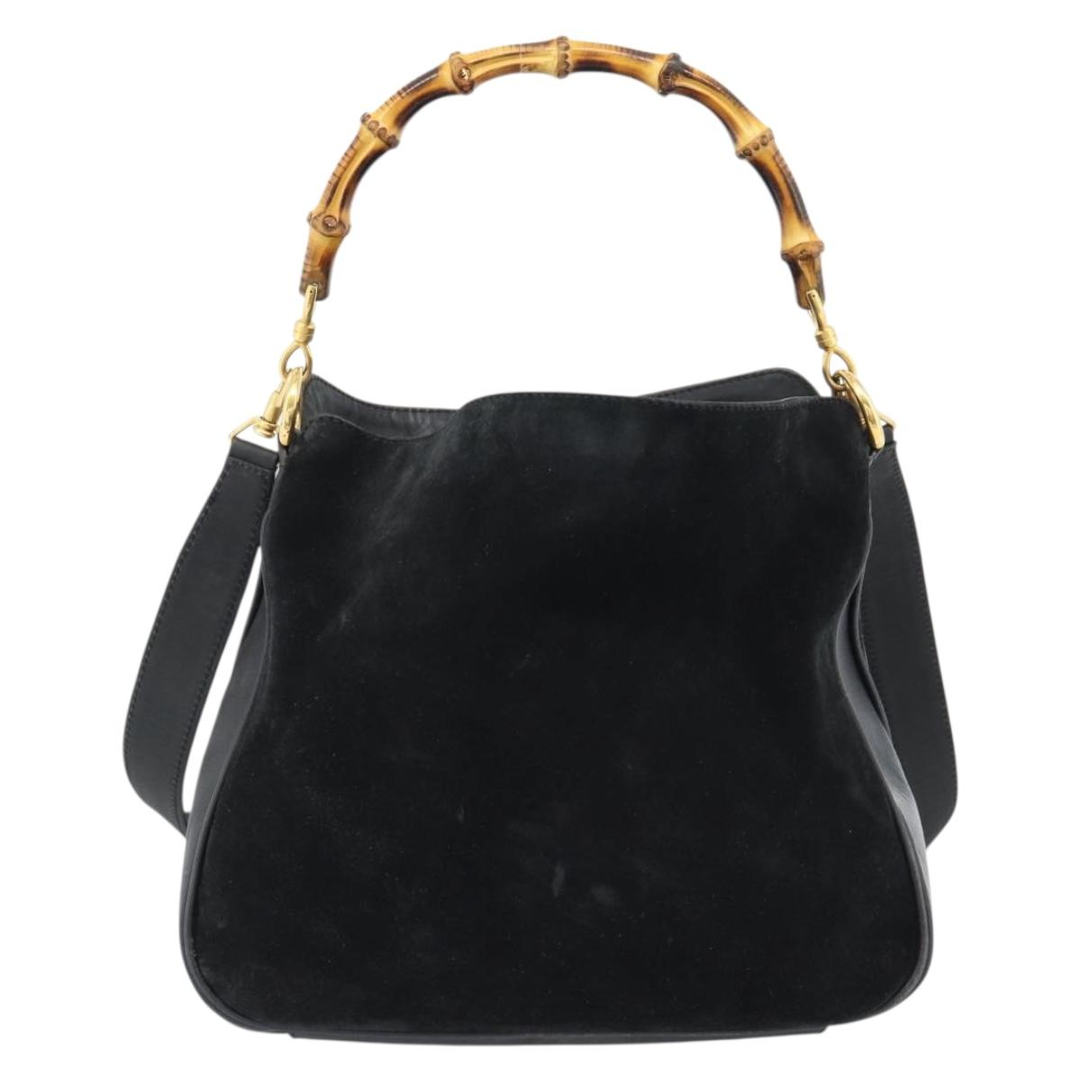 GUCCI Bamboo Shoulder Bag Suede 2way Black Gold 001 1014 1638 0 Auth bs35599