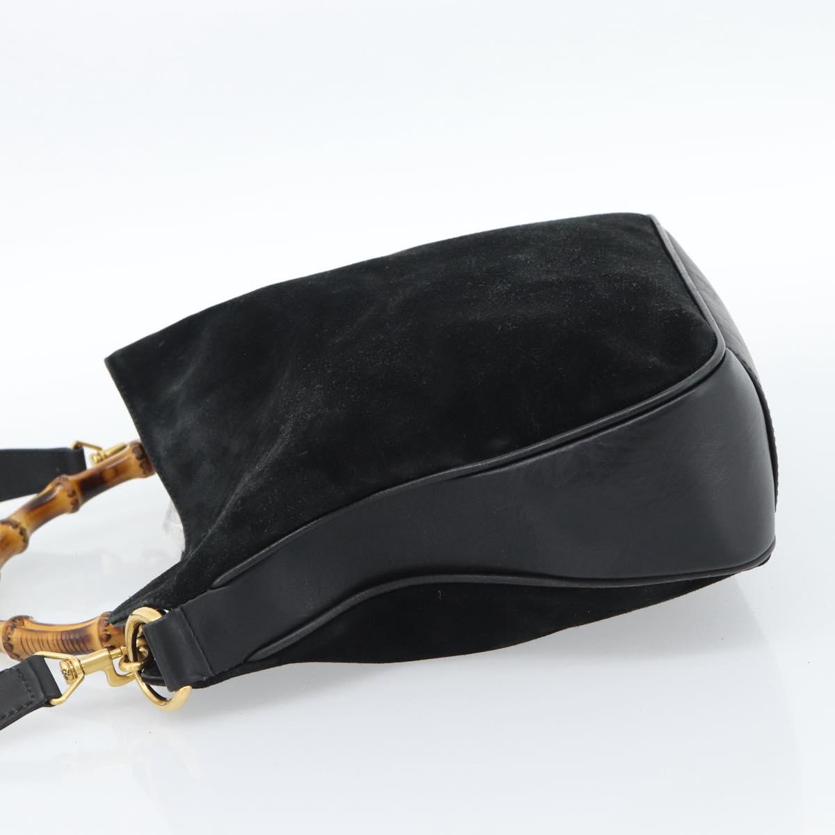 GUCCI Bamboo Shoulder Bag Suede 2way Black Gold 001 1014 1638 0 Auth bs35599
