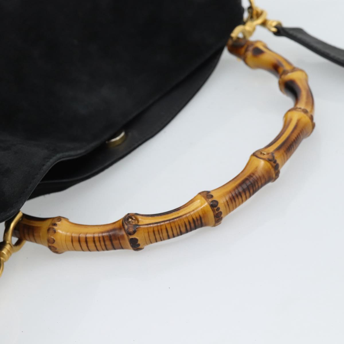 GUCCI Bamboo Shoulder Bag Suede 2way Black Gold 001 1014 1638 0 Auth bs35599