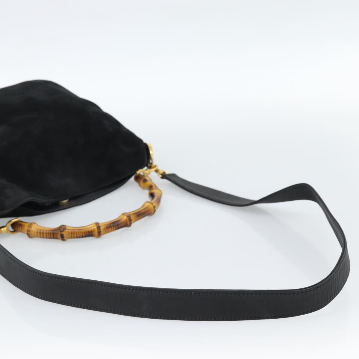 GUCCI Bamboo Shoulder Bag Suede 2way Black Gold 001 1014 1638 0 Auth bs35599